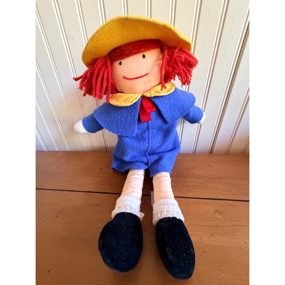 Vintage 1990 Eden Madeline 16" Rag Doll Plush Red Yarn Hair Blue Coat Yellow Hat